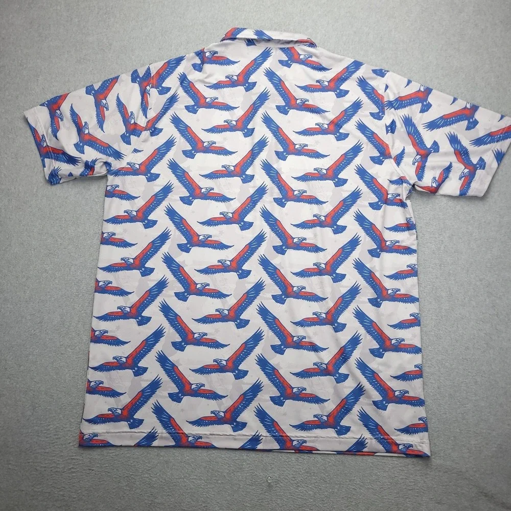Waggle Polo Shirt Mens 2XL White‎ Blue Red Eagle Print Golf Performance Stretch - Picture 5 of 9
